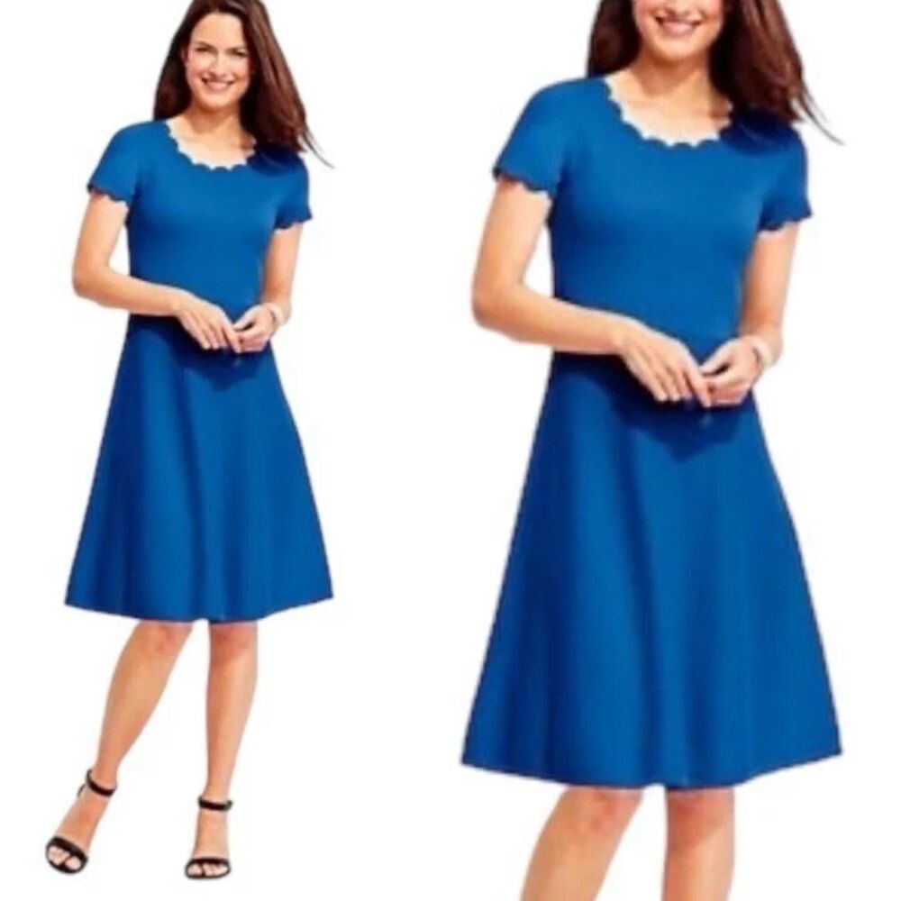 Talbots Womens Medium Scallop Trim Knit Sweater Dress Deep Blue Sea Short Sleeve